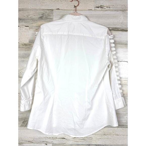 Finley Women’s M Top White 3/4 Sheer Sleeve Button-up collared Blouse Stretch - Picture 3 of 5
